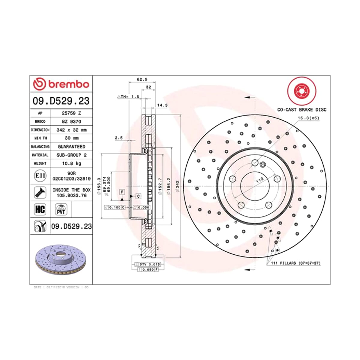 BREMBO Диск тормозной (Спереди) Mercedes-Benz C-Class 13-21 / E-Class 16-20 09D52923