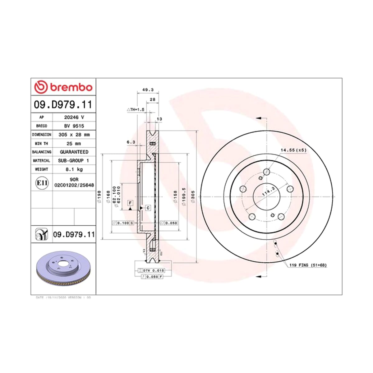 BREMBO Диск тормозной 09D97911 (перед)