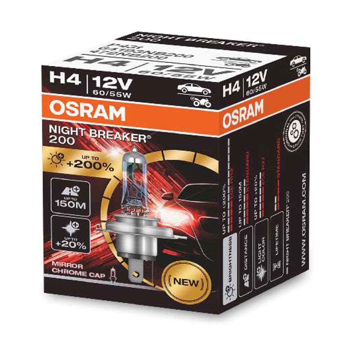 Деталь Лампа H4 12V 60/55W P43t 4050K NIGHT BREAKER200 +200% 1 шт OSRAM