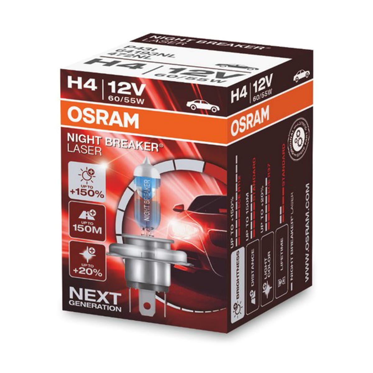 Деталь Лампа H4 12V 60/55W P43t NIGHT BREAKER LASER +150% больше света 1 шт. OSRAM