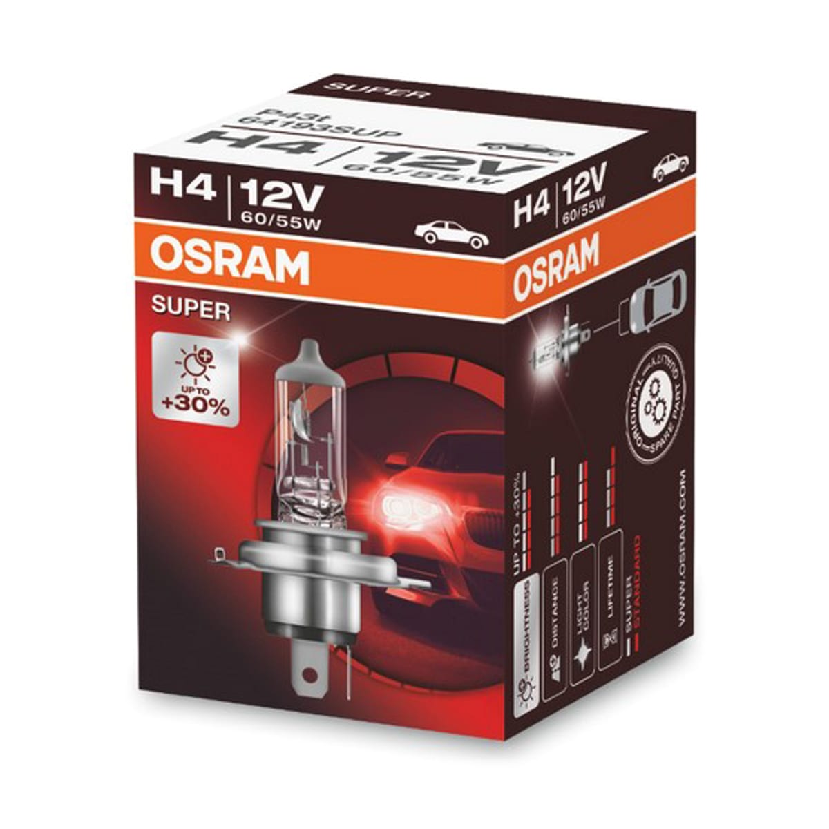 Деталь Снят с производства Лампа H4 12V 60/55W P43t SUPER +30% больше света 1 шт. OSRAM