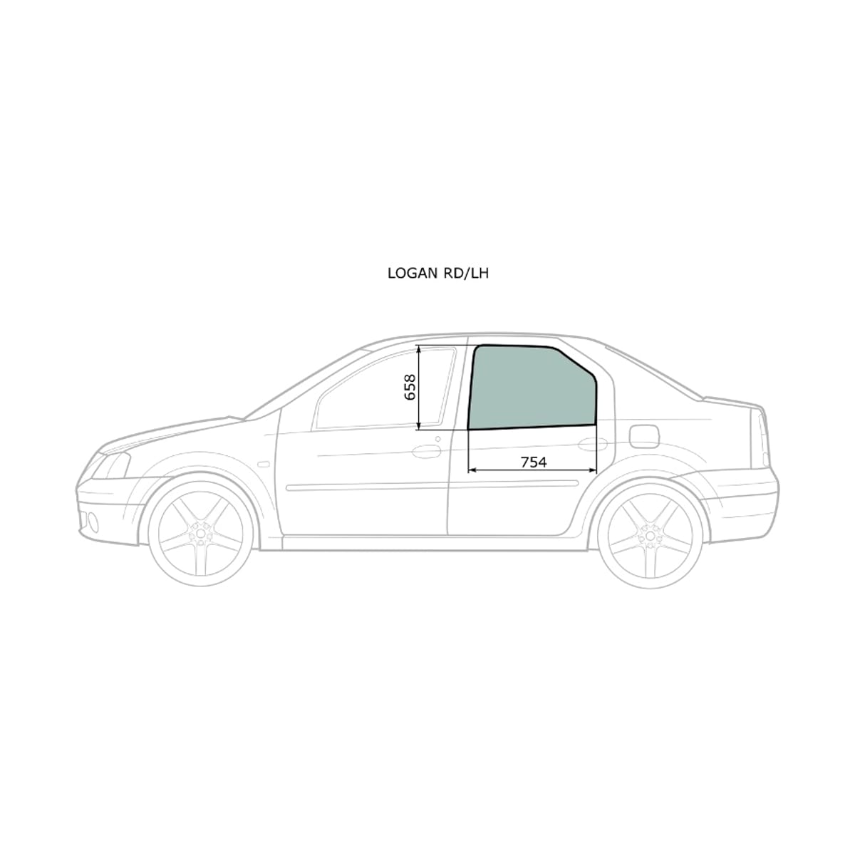 XYG Стекло боковое опускное (Сзади/ Слева/ Цвет зеленый) Renault Logan 04-16 / Dacia Logan 04-08