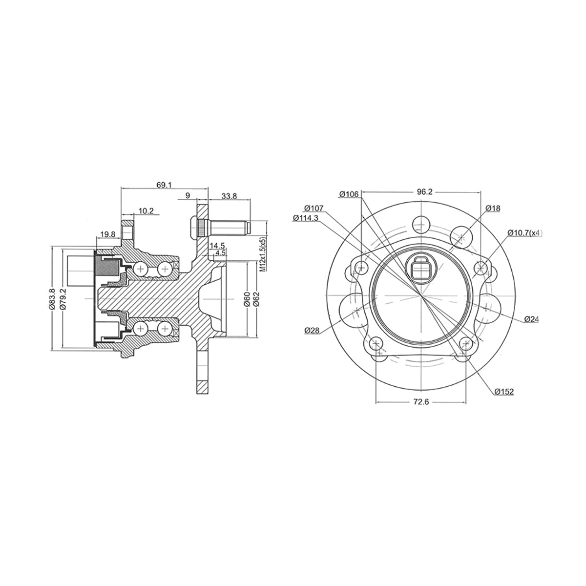 SAT Ступичный узел Toyota Ipsum (SXM10) 96-01 / Gaia 98-04 (ABS/ Справа=Слева/ Сзади/ 2WD)