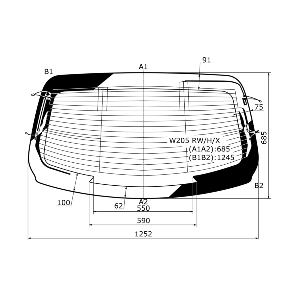 XYG Стекло заднее (Цвет зеленый/ Обогрев/ Антенна) Mercedes-Benz C-Class 13-21 W205RW/H/X